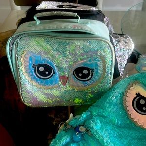 Justice owl flip sequin backpack with matching lunchbox